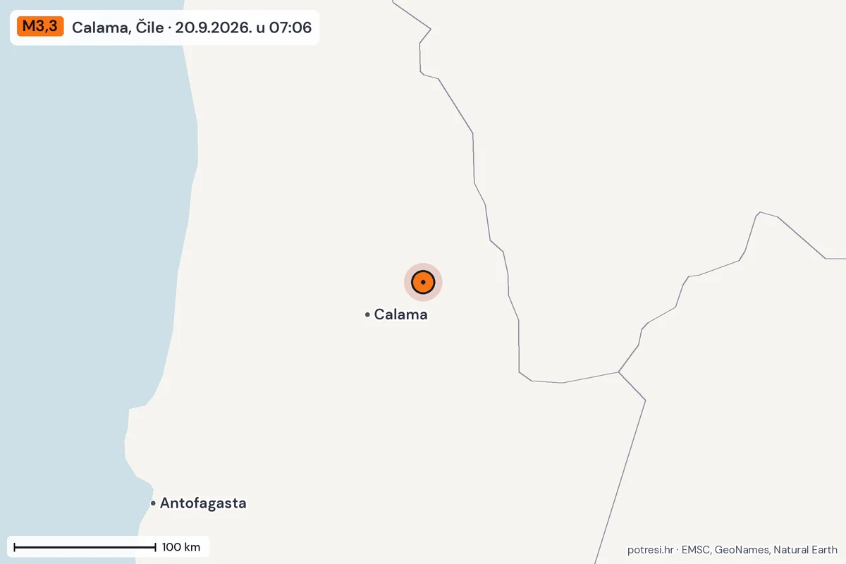 Karta: šire područje, 600 km, potres M3,3, Calama, Čile, 20.9.2026.