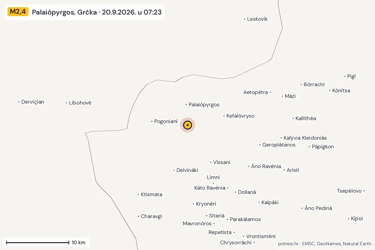 Karta: okolica epicentra, 60 km, potres M2,4, Palaiópyrgos, Grčka, 20.9.2026.