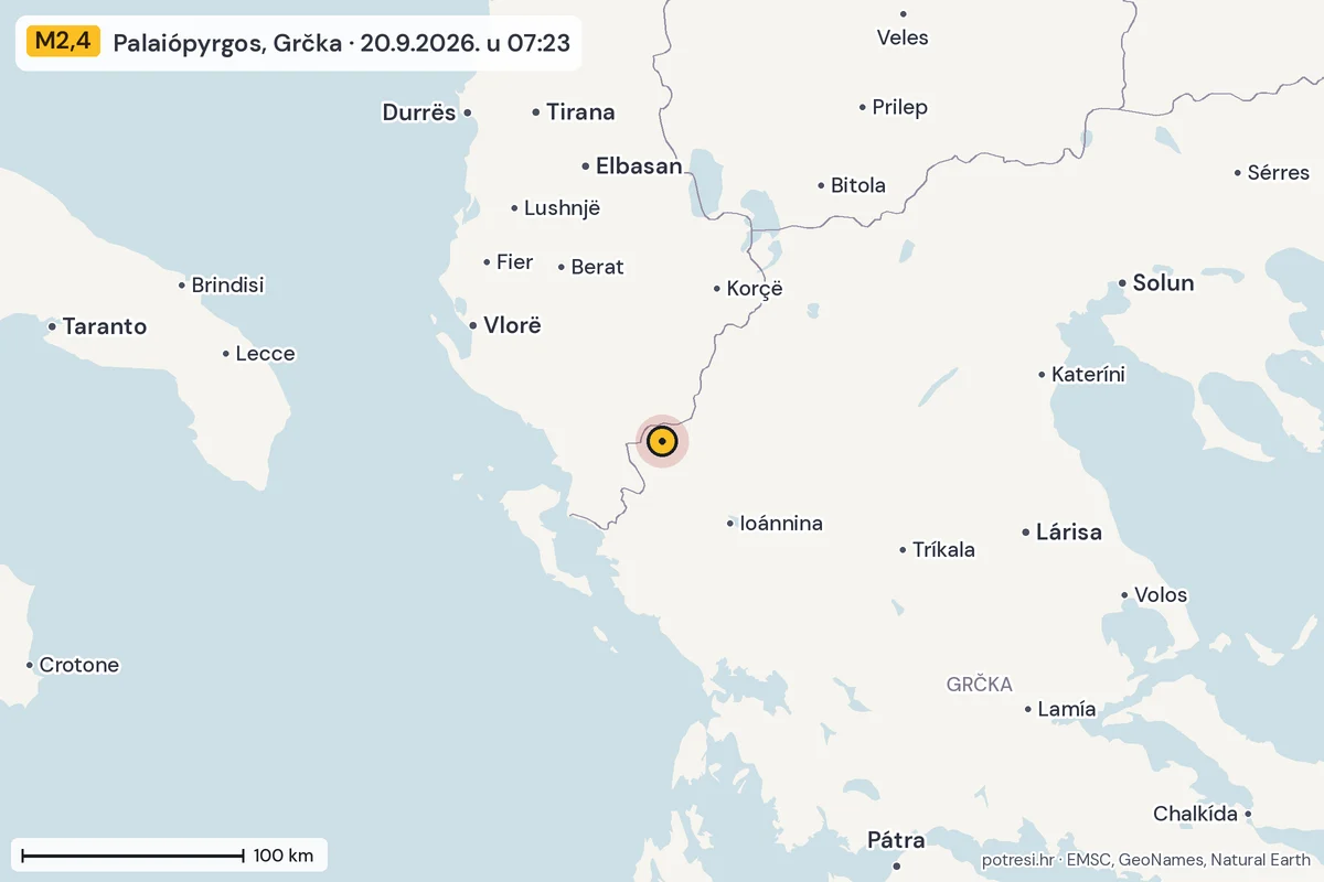 Karta: šire područje, 600 km, potres M2,4, Palaiópyrgos, Grčka, 20.9.2026.