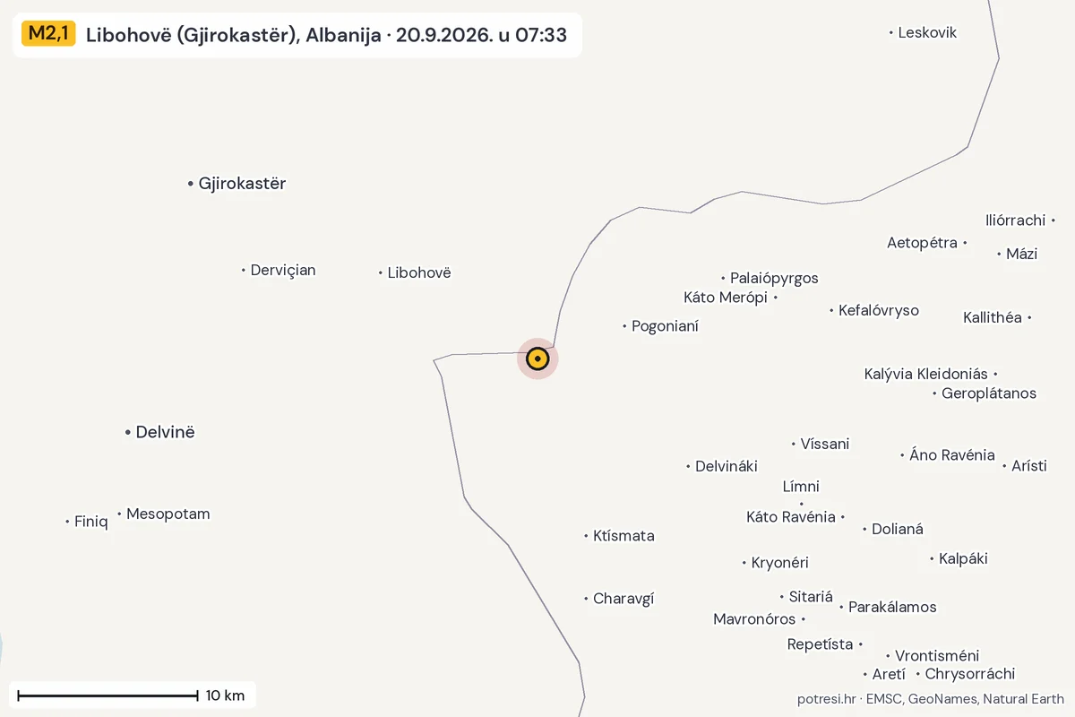 Karta: okolica epicentra, 60 km, potres M2,1, Libohovë (Gjirokastër), Albanija, 20.9.2026.
