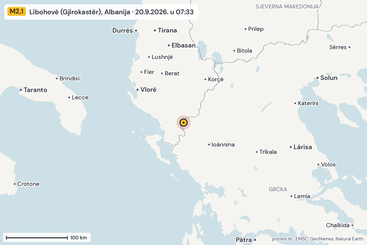 Karta: šire područje, 600 km, potres M2,1, Libohovë (Gjirokastër), Albanija, 20.9.2026.