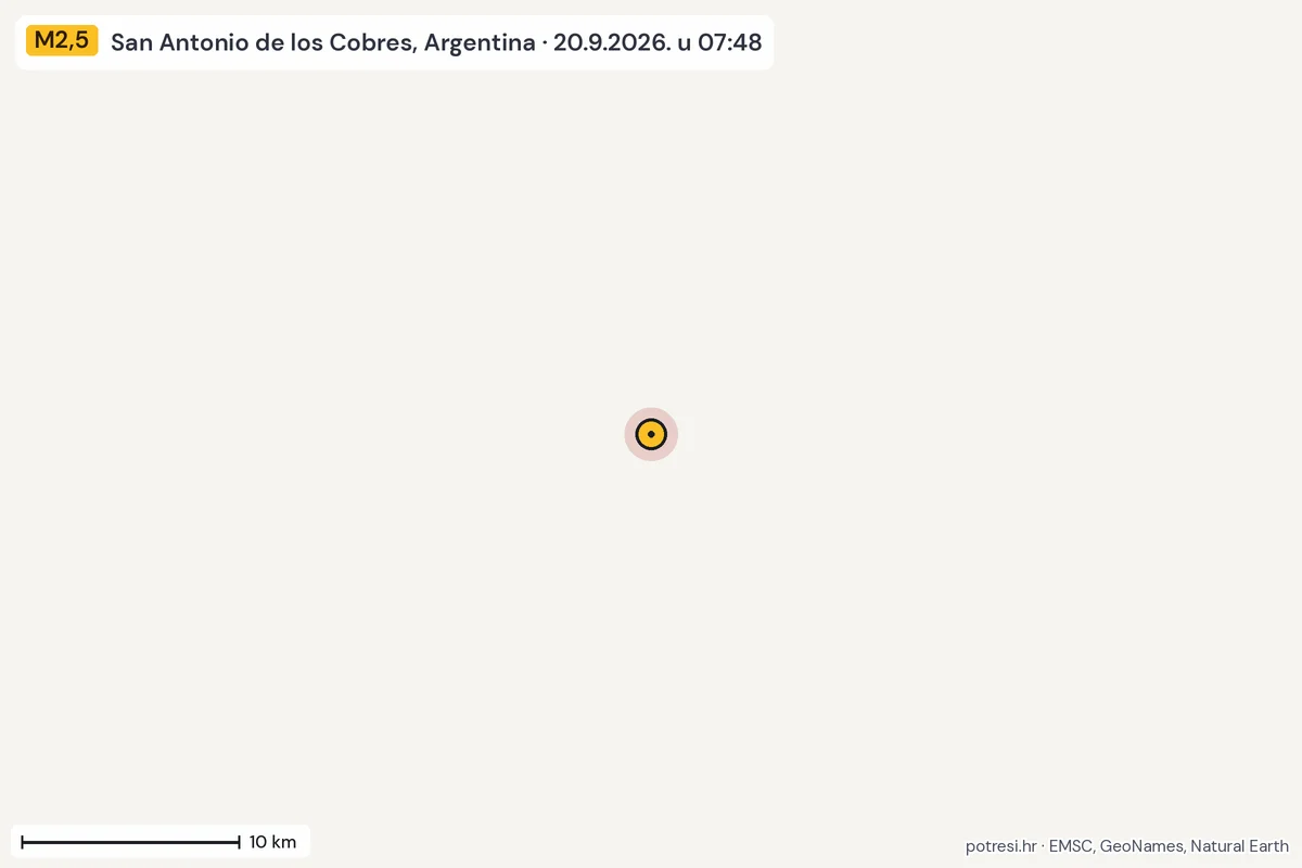 Karta: okolica epicentra, 60 km, potres M2,5, San Antonio de los Cobres, Argentina, 20.9.2026.