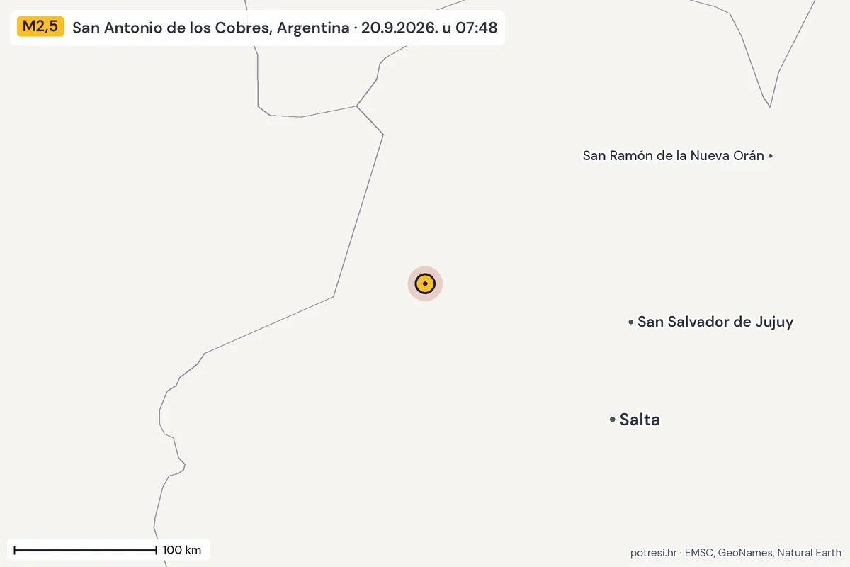 Karta: šire područje, 600 km, potres M2,5, San Antonio de los Cobres, Argentina, 20.9.2026.