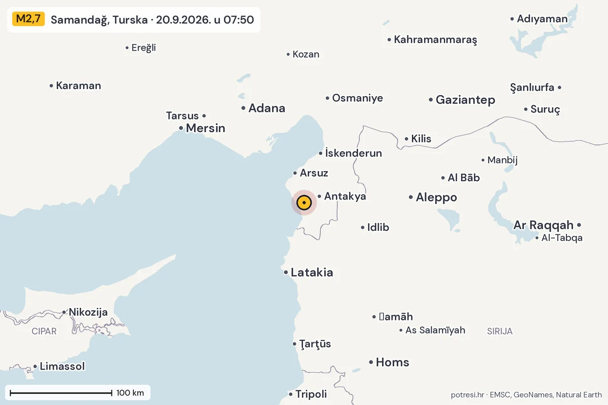 Karta: šire područje, 600 km, potres M2,7, Samandağ, Turska, 20.9.2026.