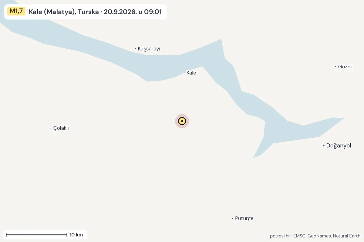 Karta: okolica epicentra, 60 km, potres M1,7, Kale (Malatya), Turska, 20.9.2026.