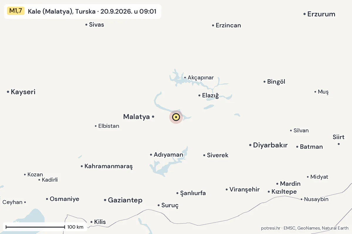 Karta: šire područje, 600 km, potres M1,7, Kale (Malatya), Turska, 20.9.2026.