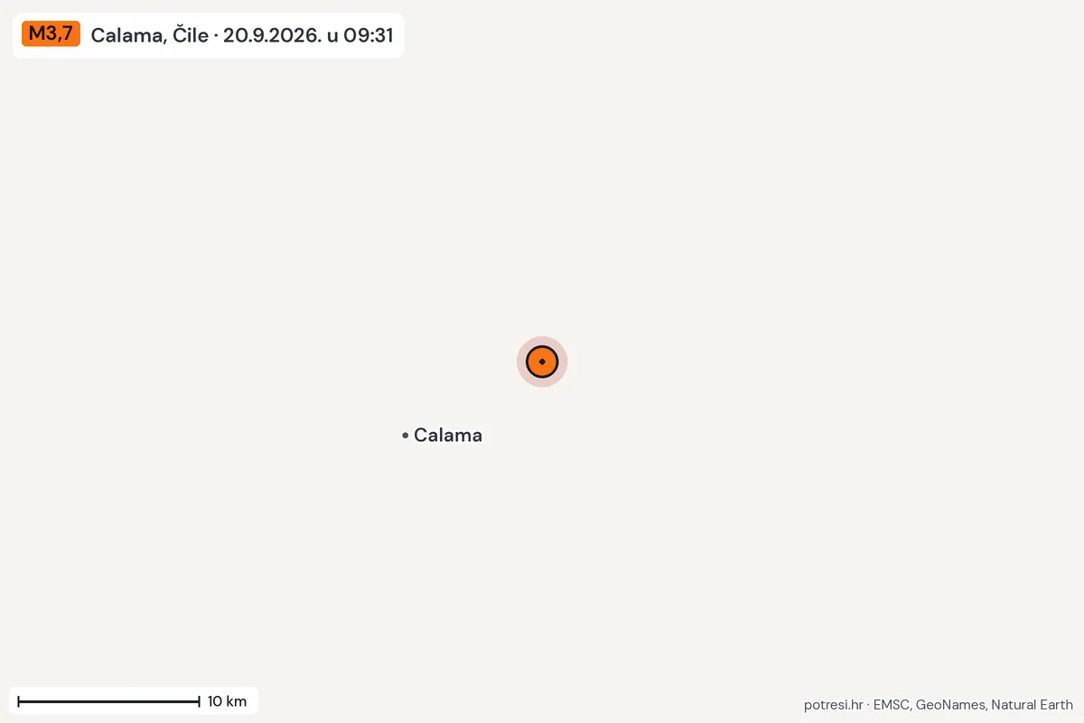 Karta: okolica epicentra, 60 km, potres M3,7, Calama, Čile, 20.9.2026.