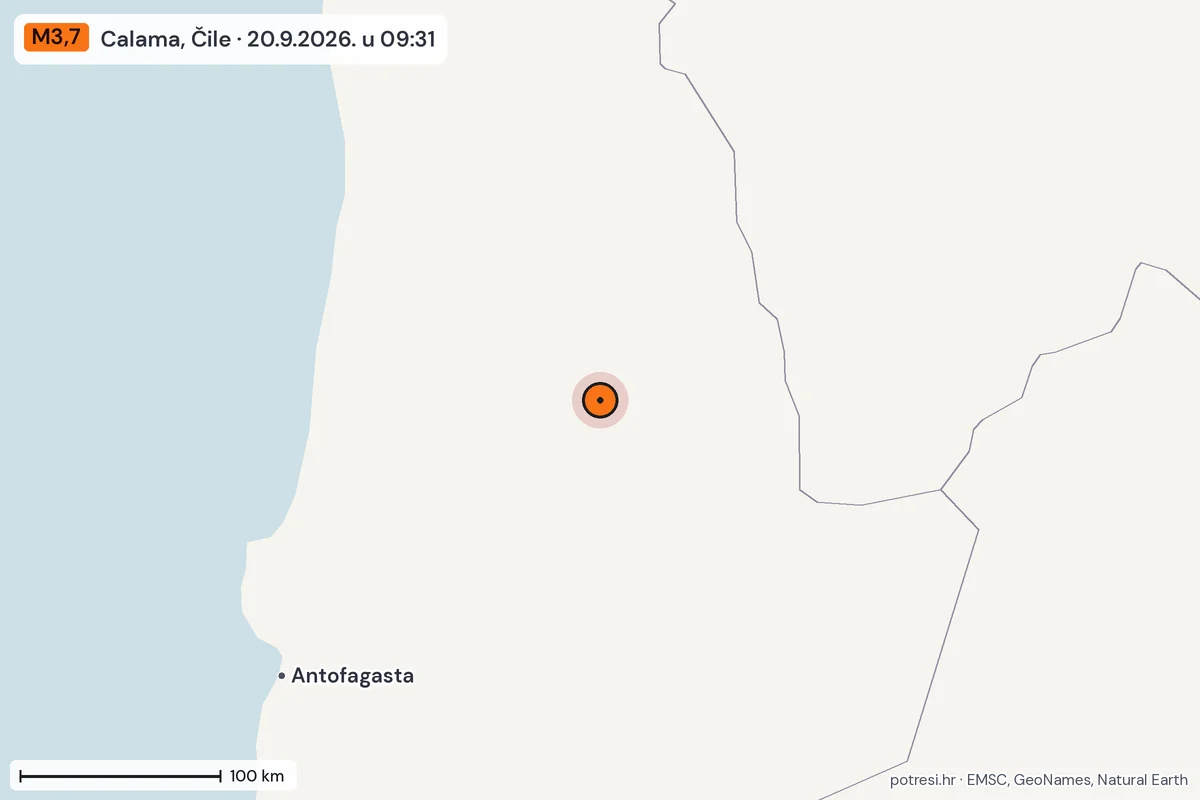 Karta: šire područje, 600 km, potres M3,7, Calama, Čile, 20.9.2026.