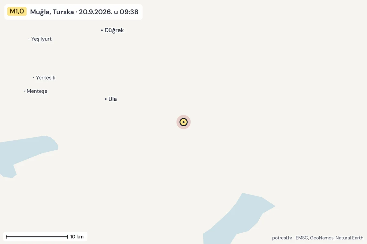 Karta: okolica epicentra, 60 km, potres M1,0, Muğla, Turska, 20.9.2026.