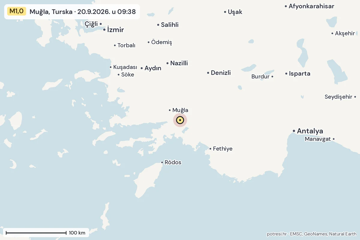 Karta: šire područje, 600 km, potres M1,0, Muğla, Turska, 20.9.2026.