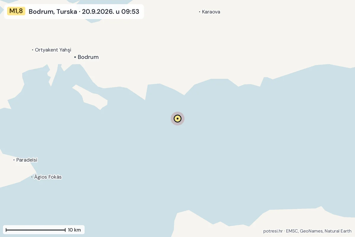Karta: okolica epicentra, 60 km, potres M1,8, Bodrum, Turska, 20.9.2026.