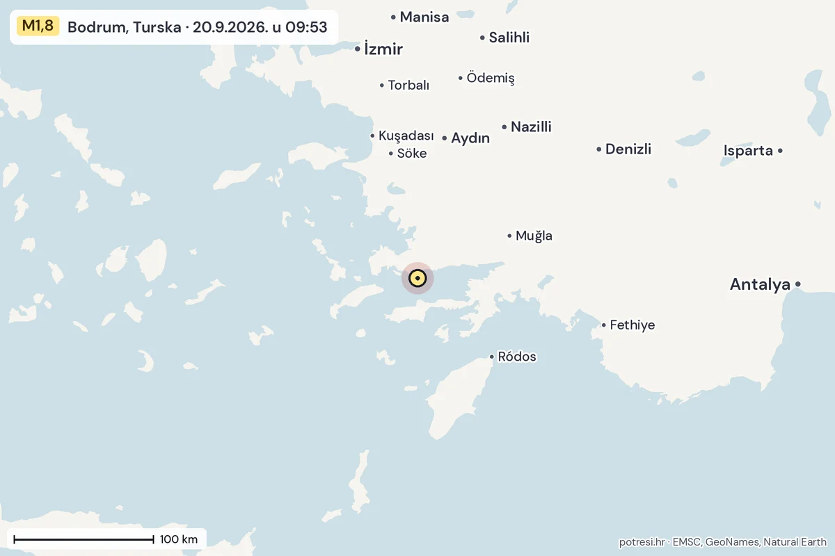 Karta: šire područje, 600 km, potres M1,8, Bodrum, Turska, 20.9.2026.