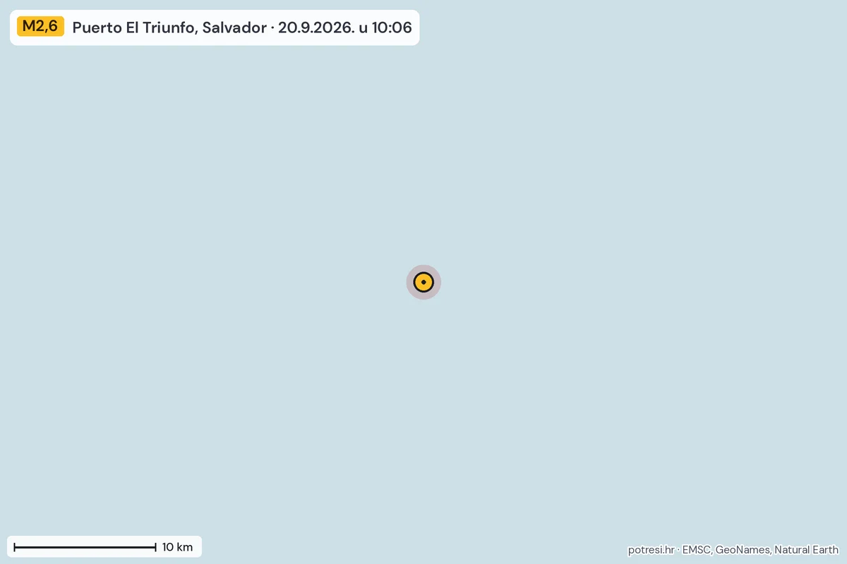 Karta: okolica epicentra, 60 km, potres M2,6, Puerto El Triunfo, Salvador, 20.9.2026.