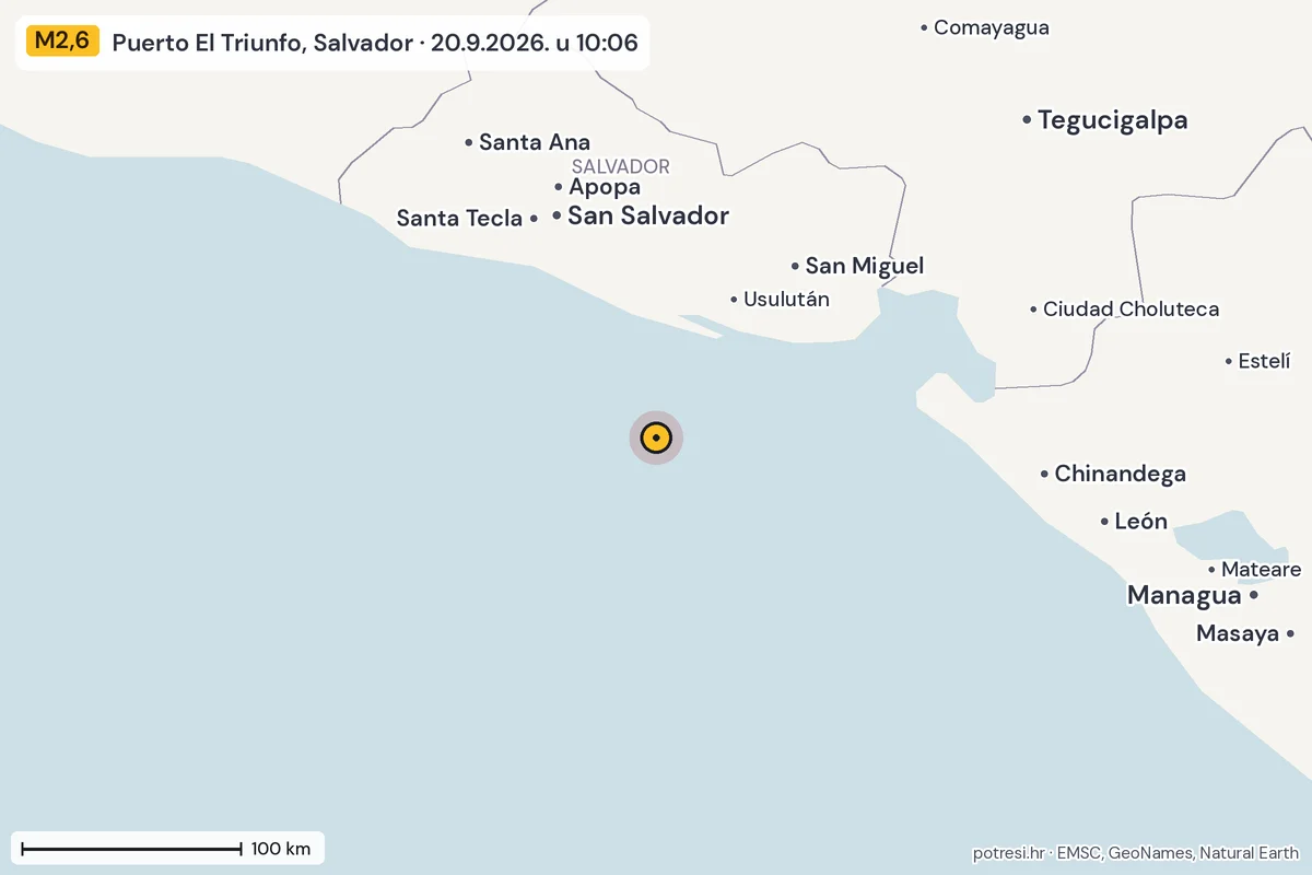 Karta: šire područje, 600 km, potres M2,6, Puerto El Triunfo, Salvador, 20.9.2026.