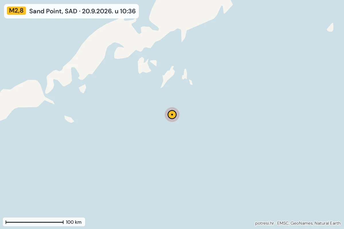Karta: šire područje, 600 km, potres M2,8, Sand Point, SAD, 20.9.2026.