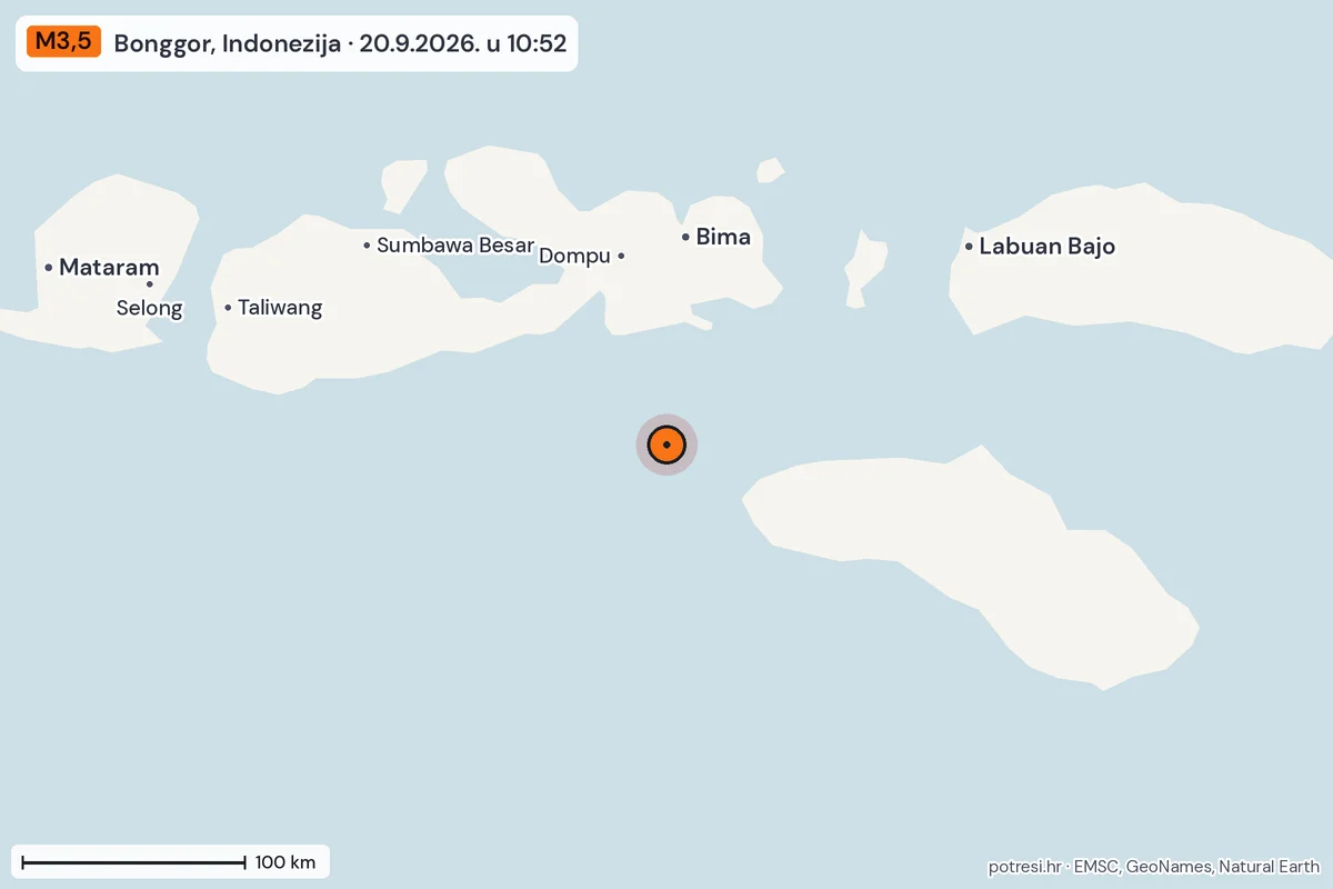 Karta: šire područje, 600 km, potres M3,5, Bonggor, Indonezija, 20.9.2026.