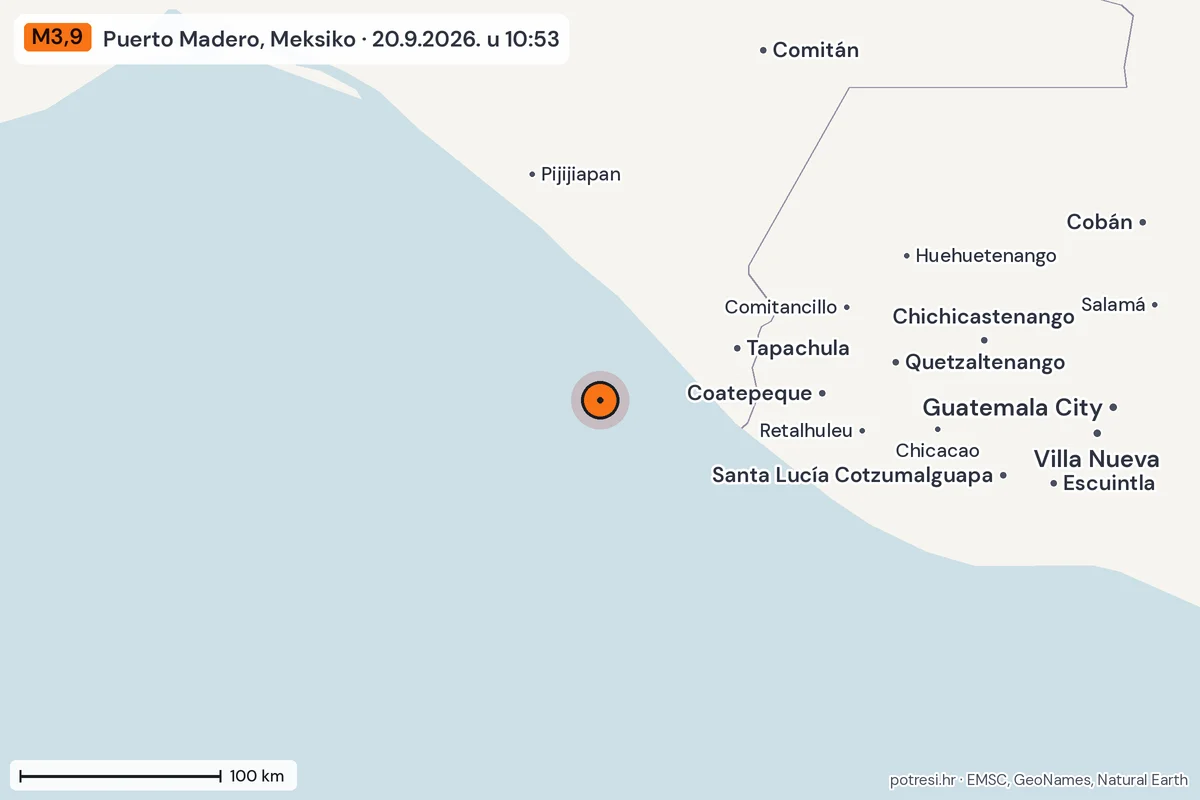 Karta: šire područje, 600 km, potres M3,9, Puerto Madero, Meksiko, 20.9.2026.