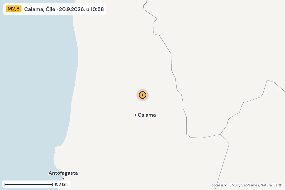 Karta: šire područje, 600 km, potres M2,8, Calama, Čile, 20.9.2026.