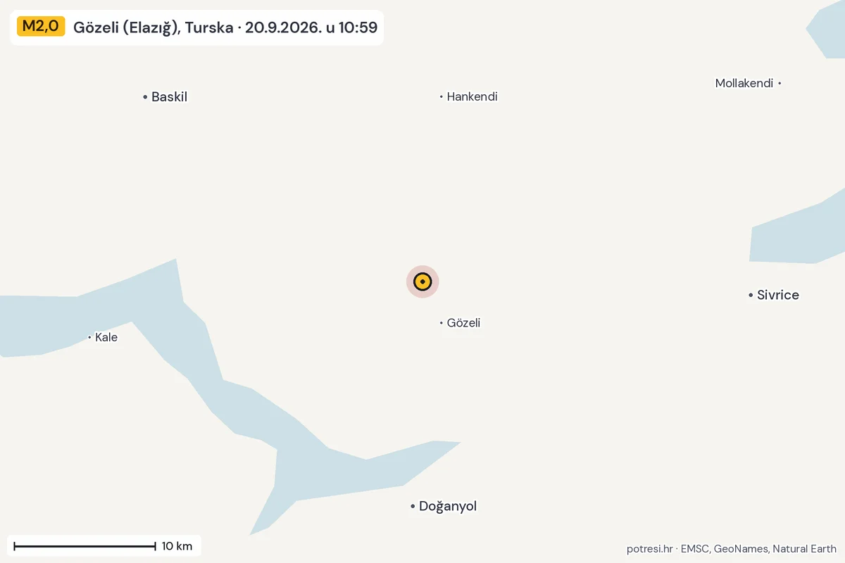 Karta: okolica epicentra, 60 km, potres M2,0, Gözeli (Elazığ), Turska, 20.9.2026.