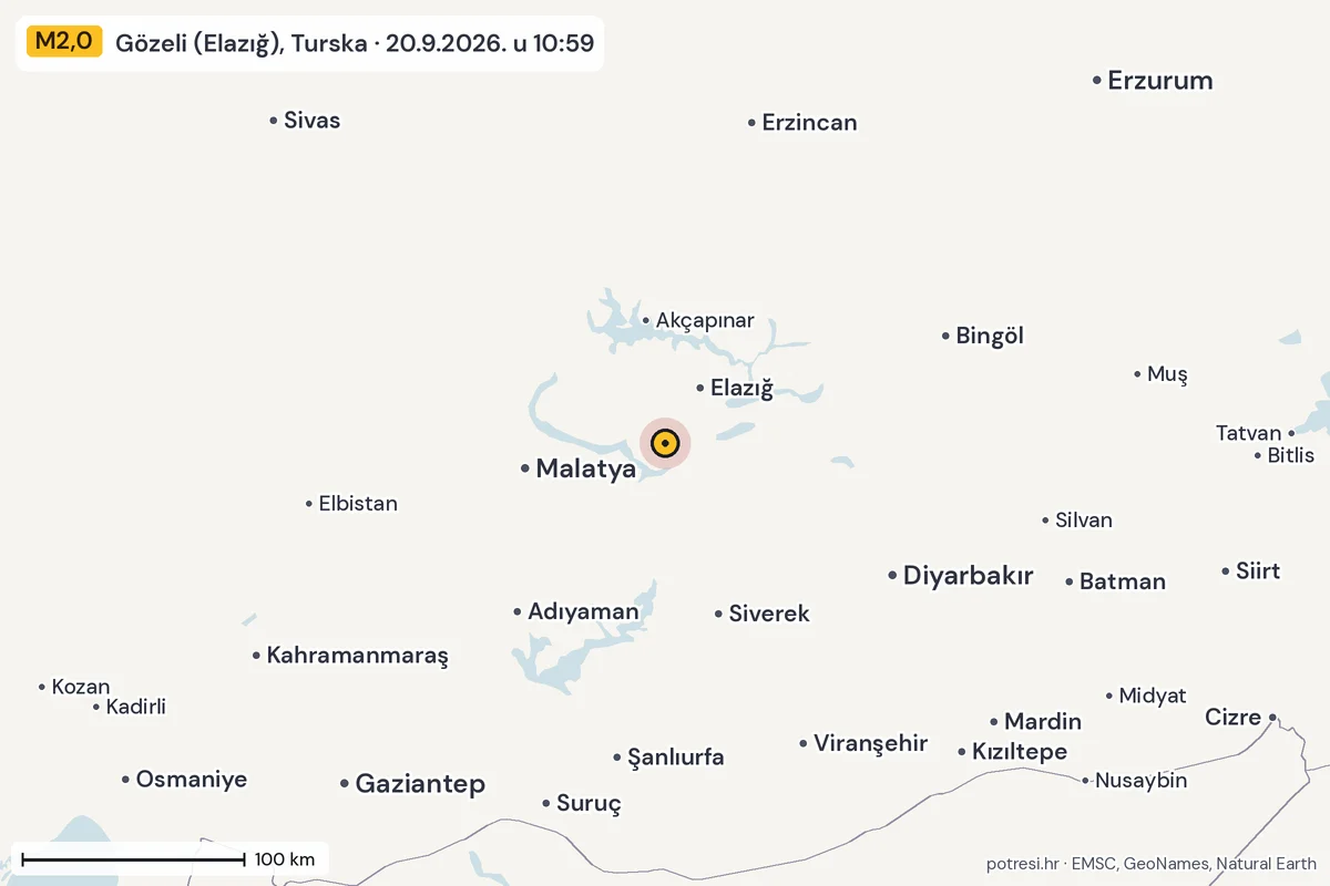 Karta: šire područje, 600 km, potres M2,0, Gözeli (Elazığ), Turska, 20.9.2026.