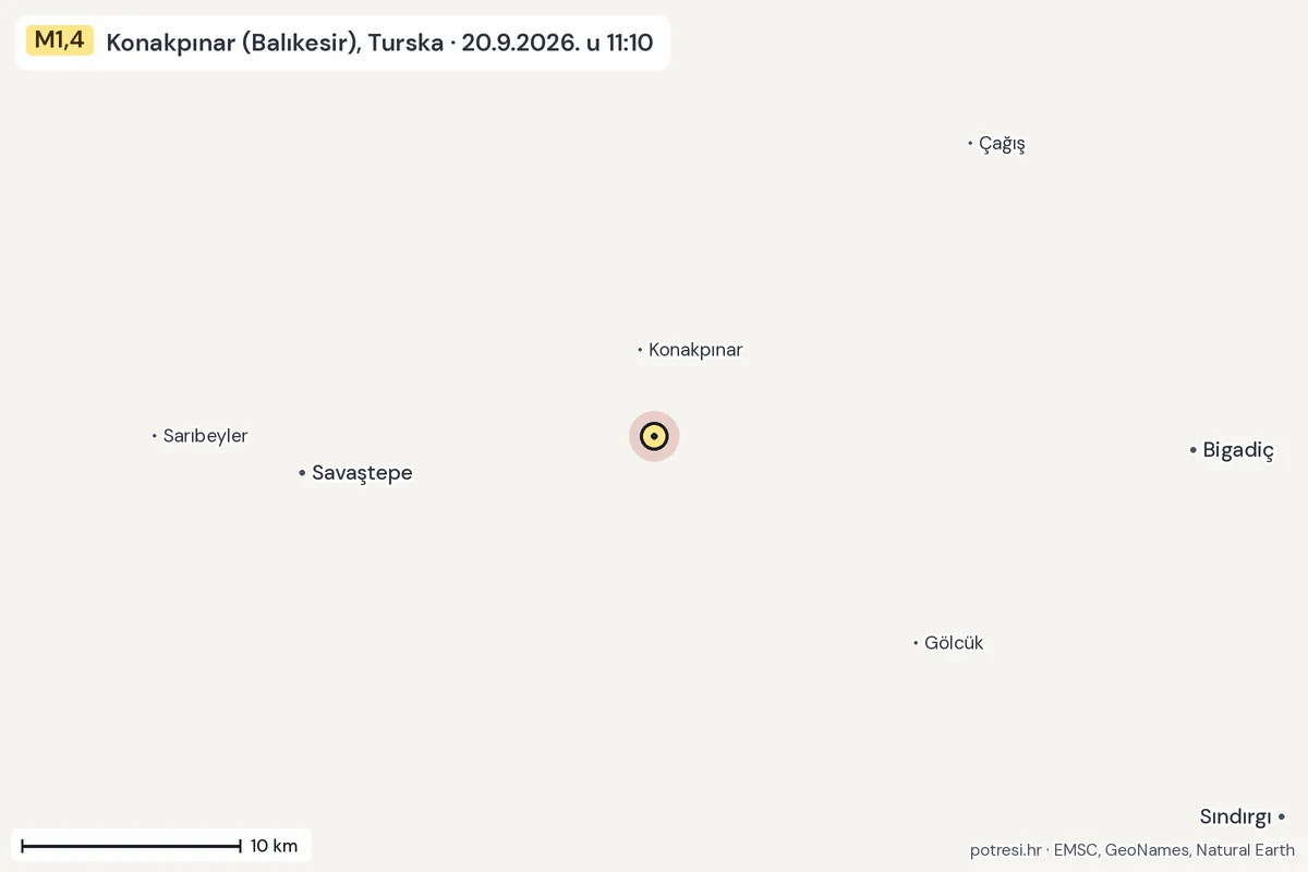 Karta: okolica epicentra, 60 km, potres M1,4, Konakpınar (Balıkesir), Turska, 20.9.2026.