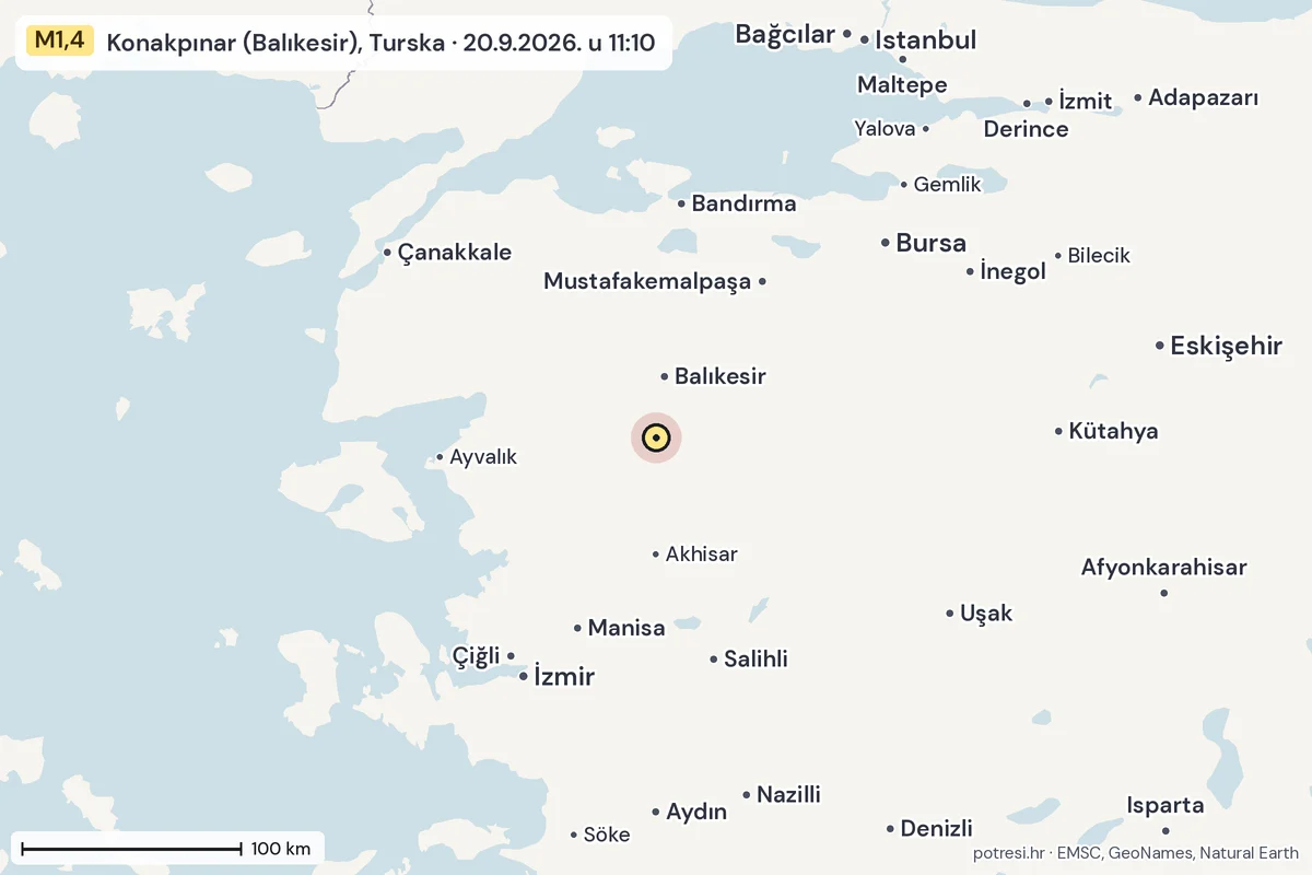 Karta: šire područje, 600 km, potres M1,4, Konakpınar (Balıkesir), Turska, 20.9.2026.