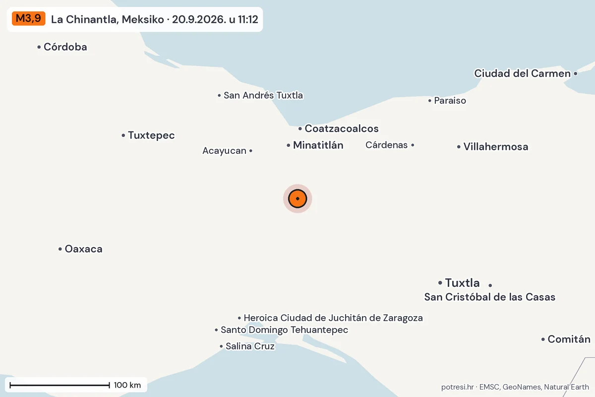 Karta: šire područje, 600 km, potres M3,9, La Chinantla, Meksiko, 20.9.2026.