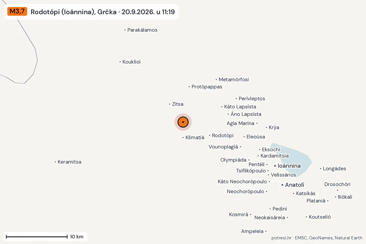 Karta: okolica epicentra, 60 km, potres M3,7, Rodotópi (Ioánnina), Grčka, 20.9.2026.