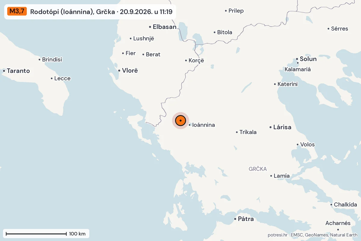 Karta: šire područje, 600 km, potres M3,7, Rodotópi (Ioánnina), Grčka, 20.9.2026.