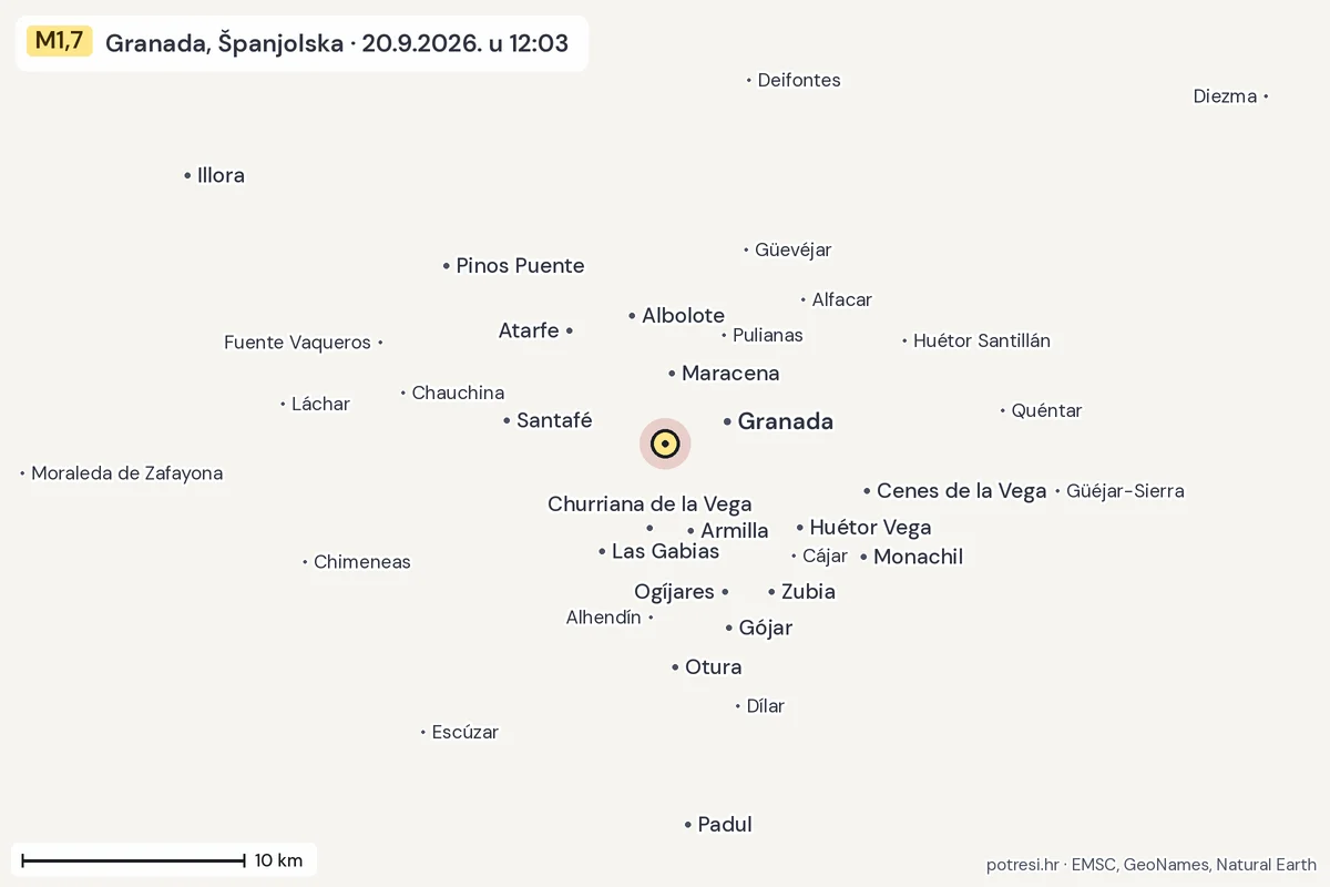 Karta: okolica epicentra, 60 km, potres M1,7, Granada, Španjolska, 20.9.2026.