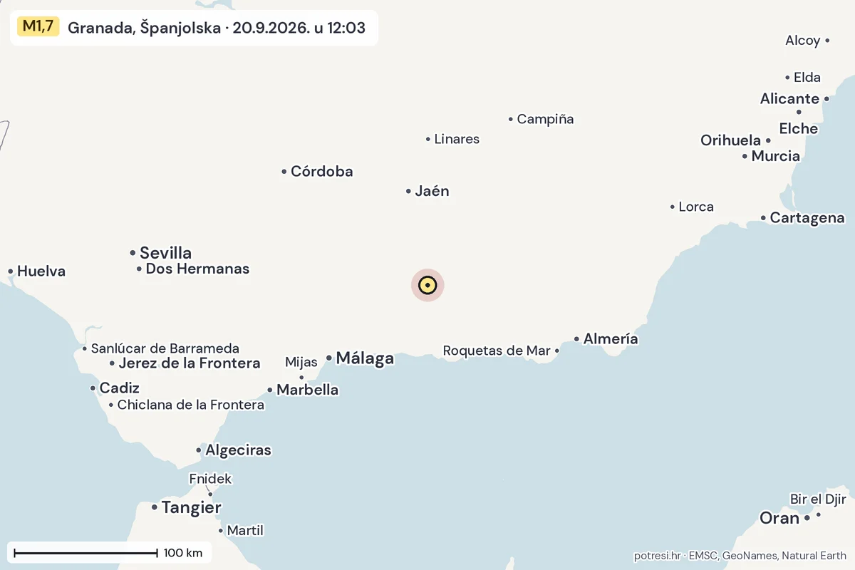 Karta: šire područje, 600 km, potres M1,7, Granada, Španjolska, 20.9.2026.