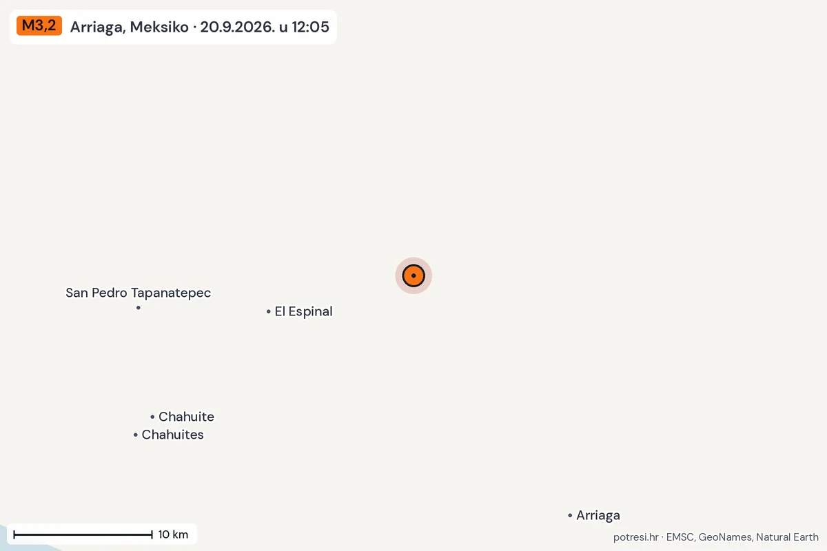 Karta: okolica epicentra, 60 km, potres M3,2, Arriaga, Meksiko, 20.9.2026.