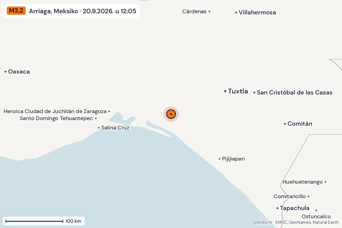 Karta: šire područje, 600 km, potres M3,2, Arriaga, Meksiko, 20.9.2026.