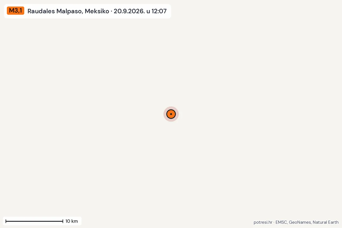Karta: okolica epicentra, 60 km, potres M3,1, Raudales Malpaso, Meksiko, 20.9.2026.