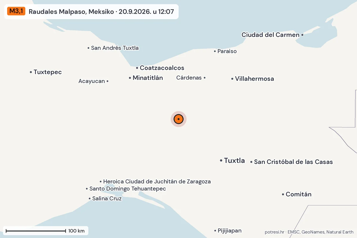 Karta: šire područje, 600 km, potres M3,1, Raudales Malpaso, Meksiko, 20.9.2026.