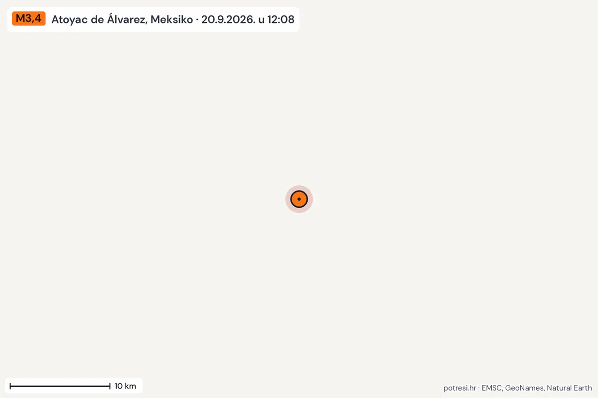 Karta: okolica epicentra, 60 km, potres M3,4, Atoyac de Álvarez, Meksiko, 20.9.2026.