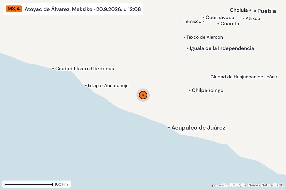 Karta: šire područje, 600 km, potres M3,4, Atoyac de Álvarez, Meksiko, 20.9.2026.