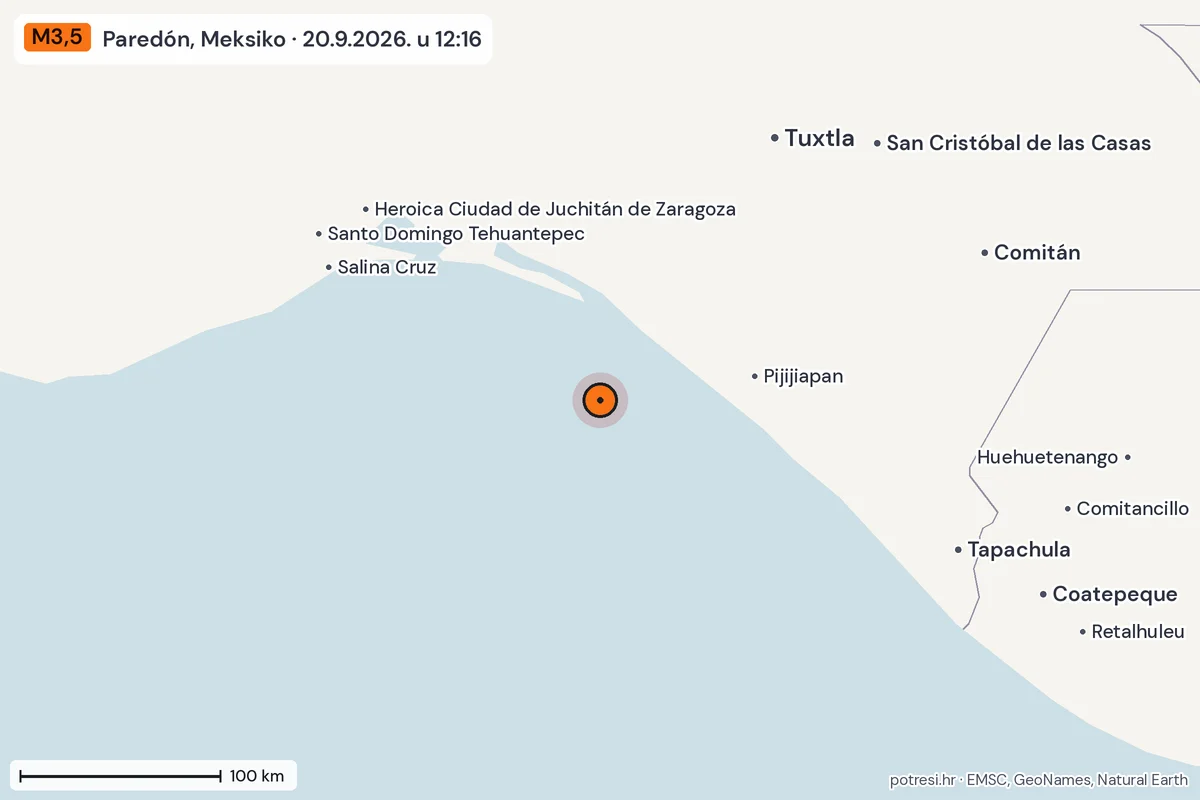 Karta: šire područje, 600 km, potres M3,5, Paredón, Meksiko, 20.9.2026.