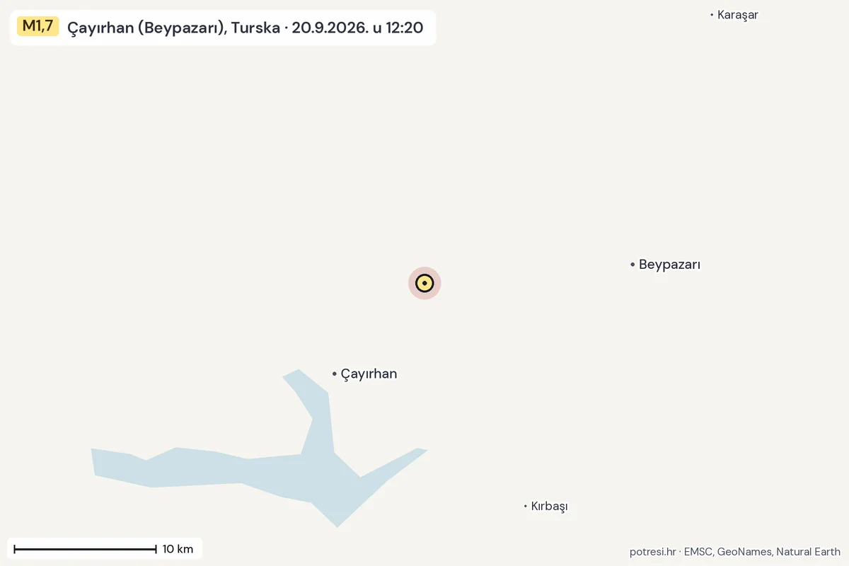 Karta: okolica epicentra, 60 km, potres M1,7, Çayırhan (Beypazarı), Turska, 20.9.2026.