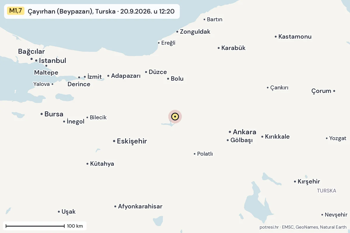 Karta: šire područje, 600 km, potres M1,7, Çayırhan (Beypazarı), Turska, 20.9.2026.