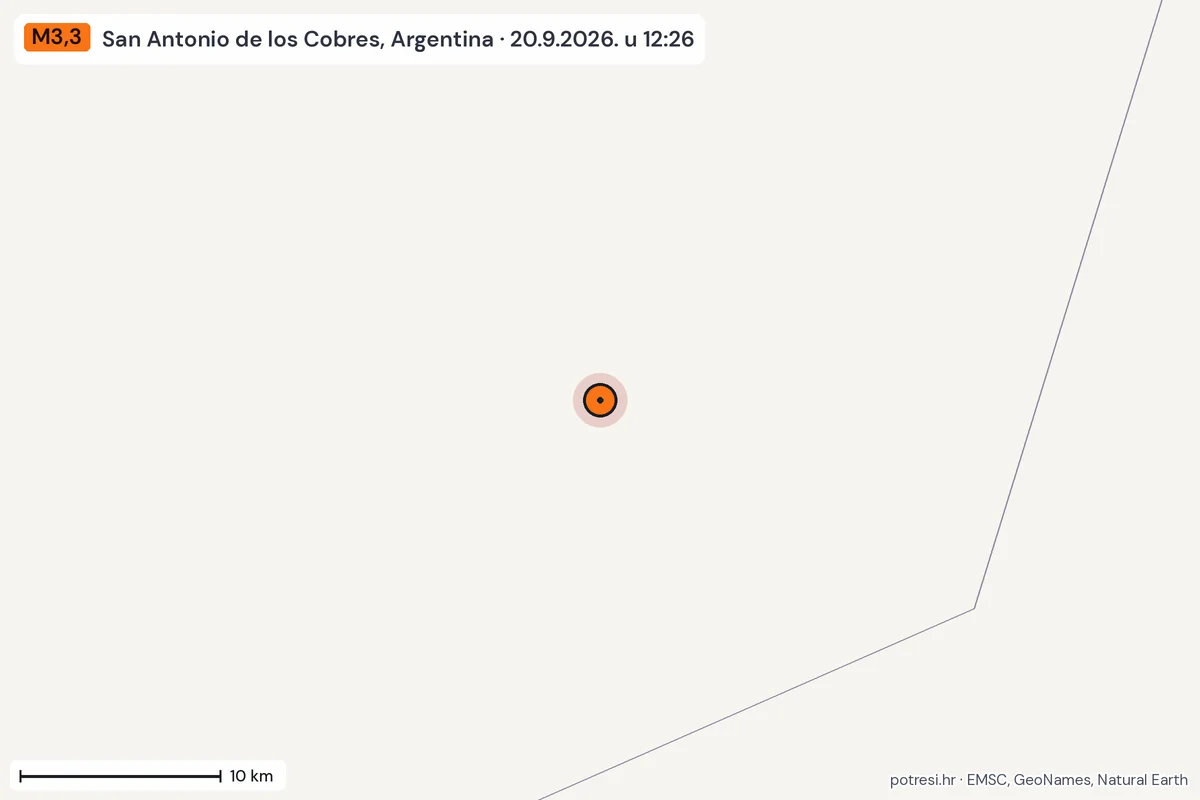 Karta: okolica epicentra, 60 km, potres M3,3, San Antonio de los Cobres, Argentina, 20.9.2026.
