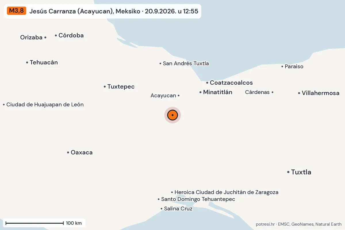 Karta: šire područje, 600 km, potres M3,8, Jesús Carranza (Acayucan), Meksiko, 20.9.2026.