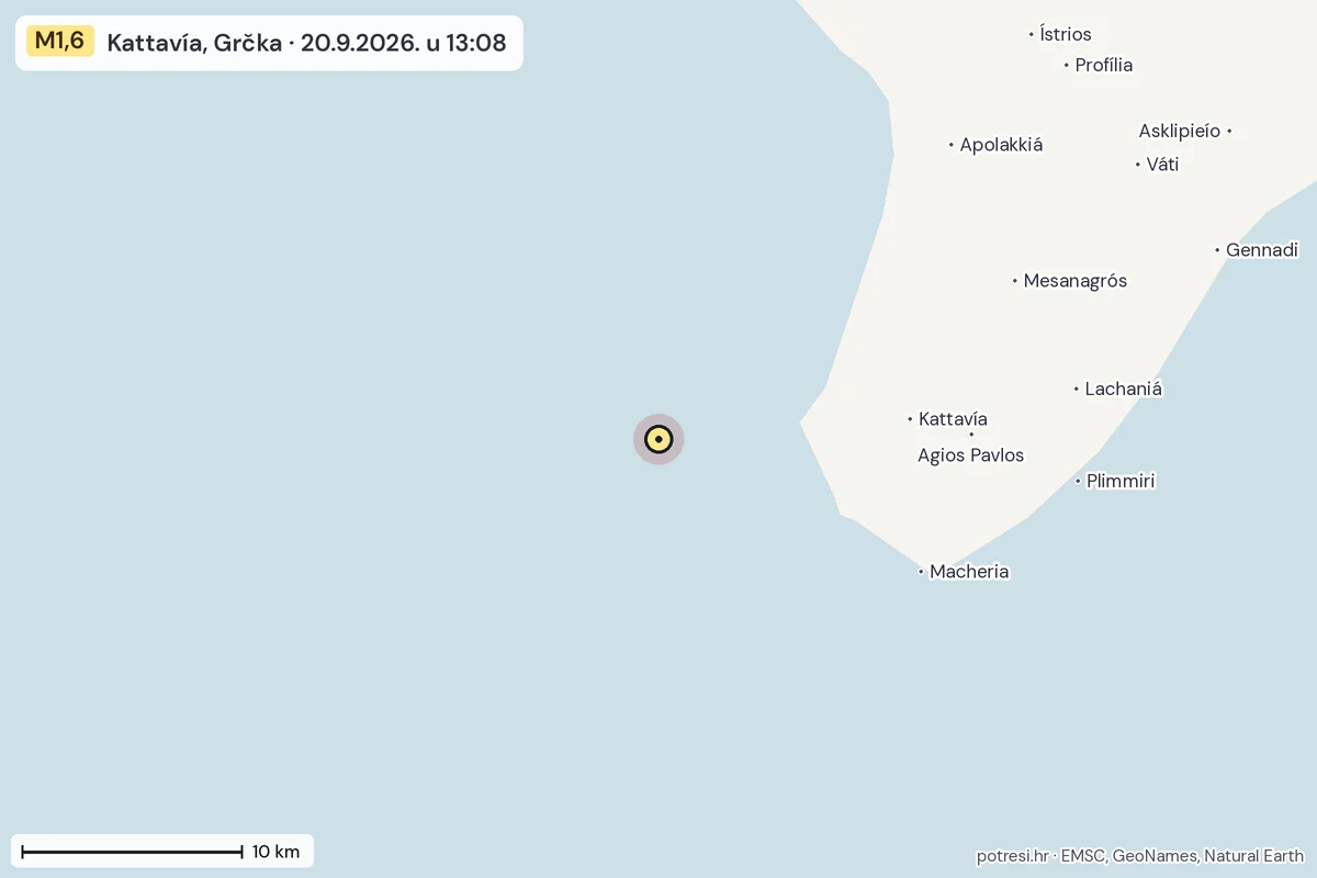 Karta: okolica epicentra, 60 km, potres M1,6, Kattavía, Grčka, 20.9.2026.