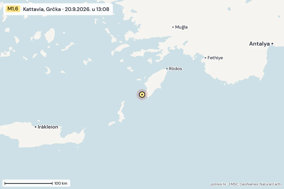 Karta: šire područje, 600 km, potres M1,6, Kattavía, Grčka, 20.9.2026.