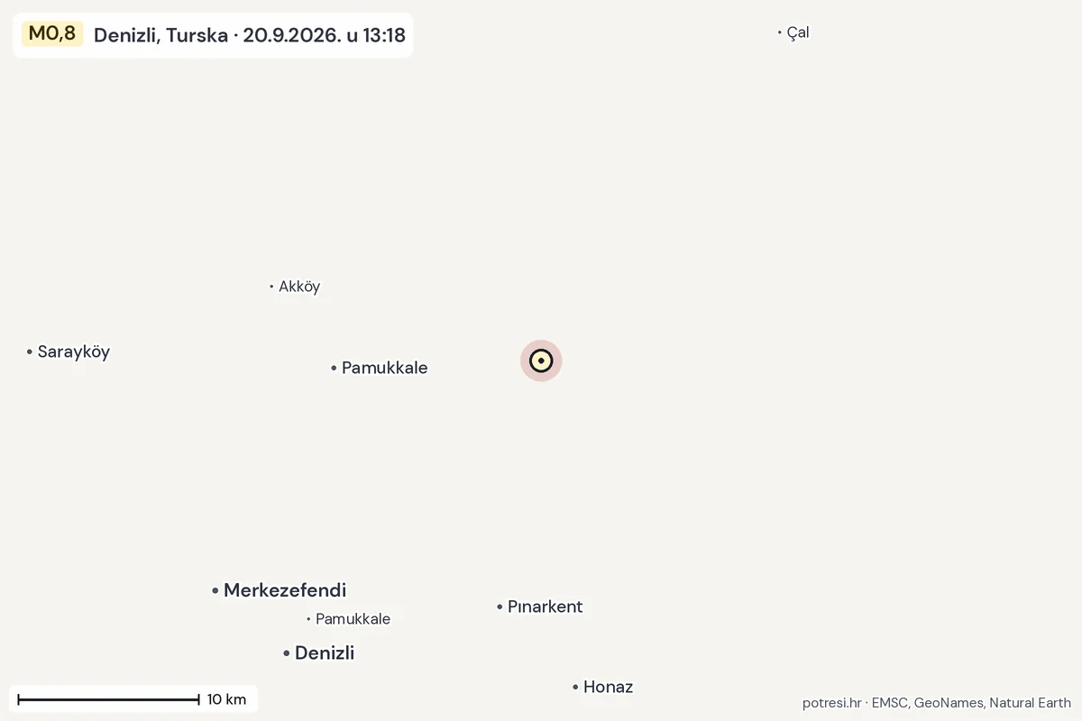 Karta: okolica epicentra, 60 km, potres M0,8, Denizli, Turska, 20.9.2026.