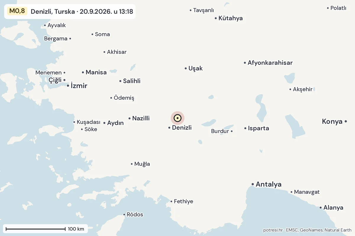 Karta: šire područje, 600 km, potres M0,8, Denizli, Turska, 20.9.2026.