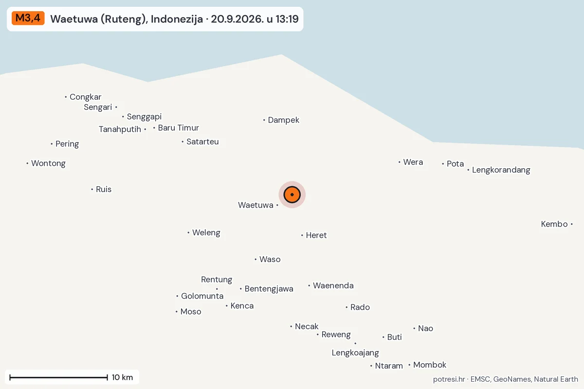 Karta: okolica epicentra, 60 km, potres M3,4, Waetuwa (Ruteng), Indonezija, 20.9.2026.