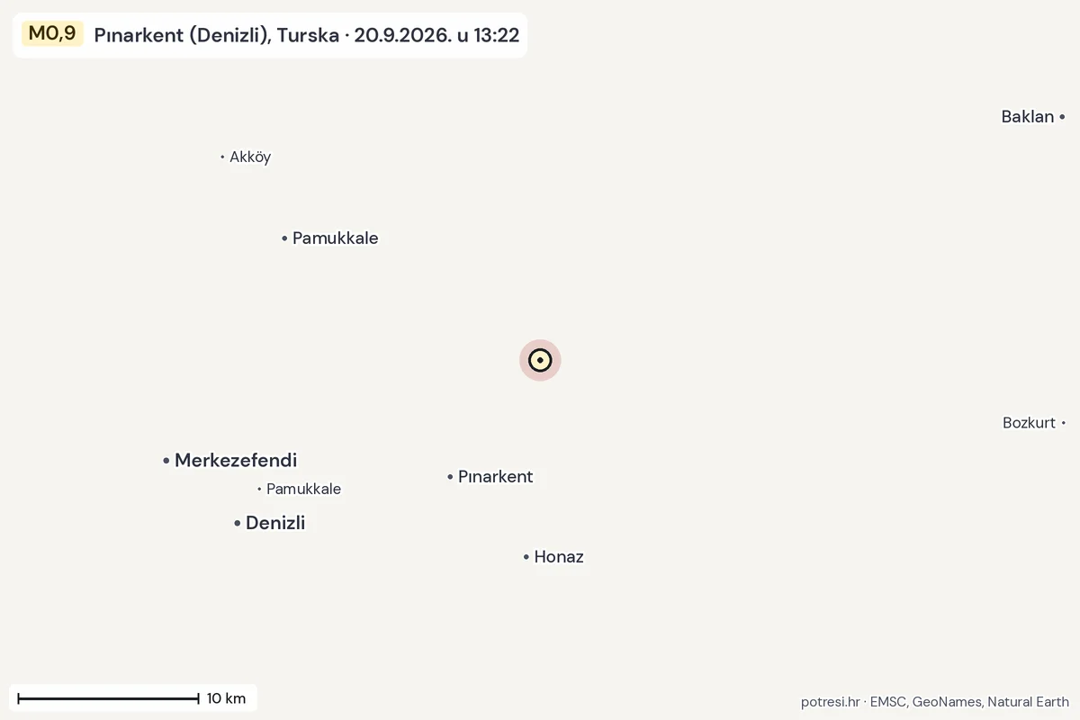Karta: okolica epicentra, 60 km, potres M0,9, Pınarkent (Denizli), Turska, 20.9.2026.
