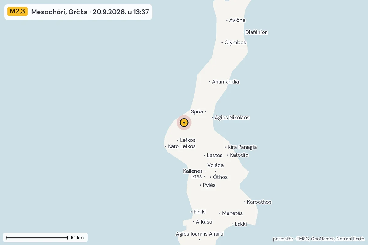 Karta: okolica epicentra, 60 km, potres M2,3, Mesochóri, Grčka, 20.9.2026.
