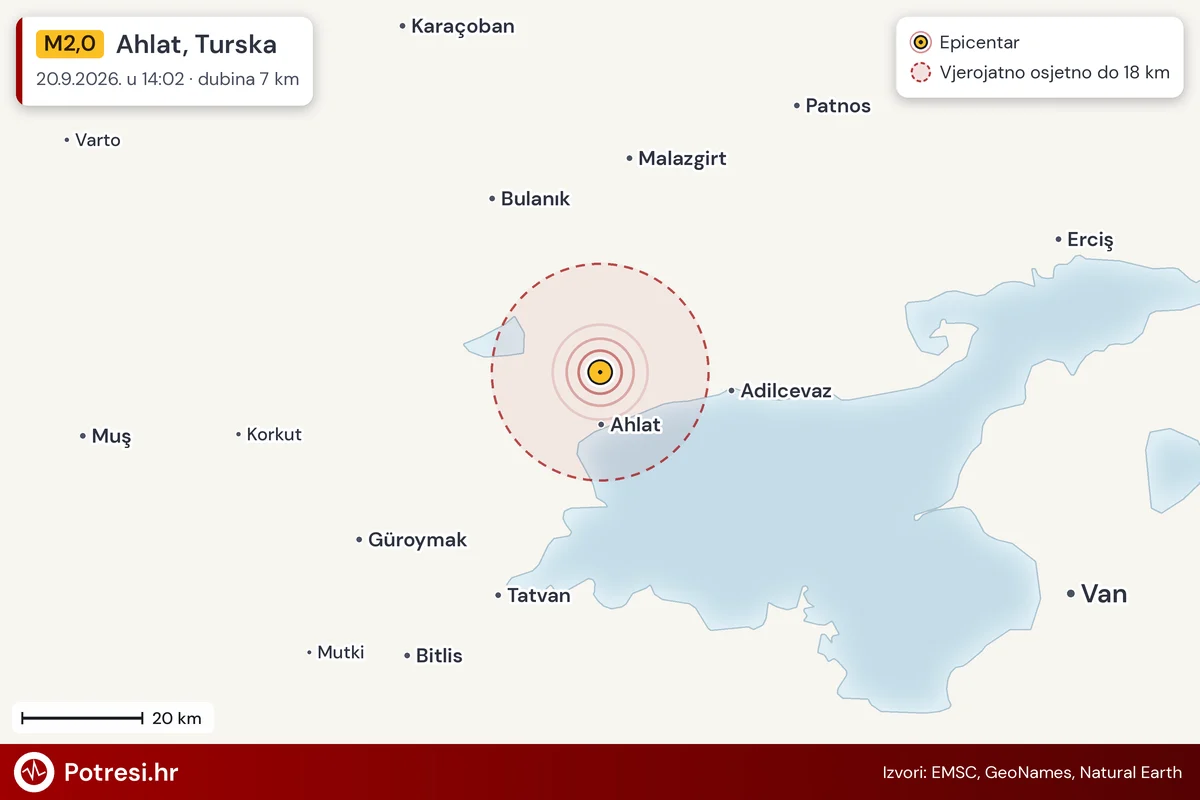 Karta: šire područje i vjerojatni doseg osjeta, potres M2,0, Ahlat, Turska, 20.9.2026.